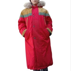 Vintage 90s Down Filled Fur Winter Jacket Coat Red Green Brown S M